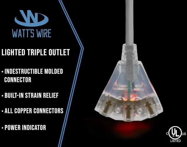 Alt view image 3 of 6 - 15 ft - 12 Gauge Heavy Duty Extension Cord - 3 Outlet Lighted SJTW - Indoor/Outdoor Extension_Cord by Watt's Wire - 15' 12-Gauge Grounded 15 Amp ExtensionCord