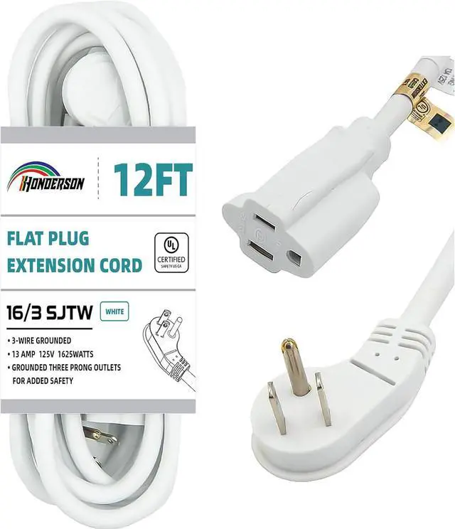 Main image of Flat Plug Indoor Extension Cord, UL Listed, 16 Gauge 12FT White 3 Prong Heavy Duty, 16/3 SJTW 13A Power Cord for Lights, Appliances, Home