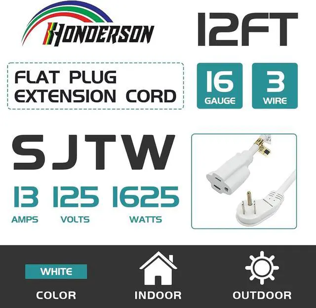 Alt view image 2 of 7 - Flat Plug Indoor Extension Cord, UL Listed, 16 Gauge 12FT White 3 Prong Heavy Duty, 16/3 SJTW 13A Power Cord for Lights, Appliances, Home