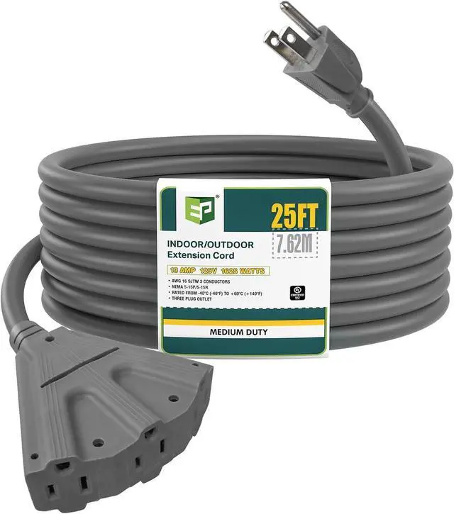 Main image of EP 25 Ft Outdoor Extension Cord with 3 Electrical Power Outlets - 16/3 SJTW Grey Cable with 3 Prong Grounded Plug for Safety Great for Christmas Lights, Garden and Major Appliances