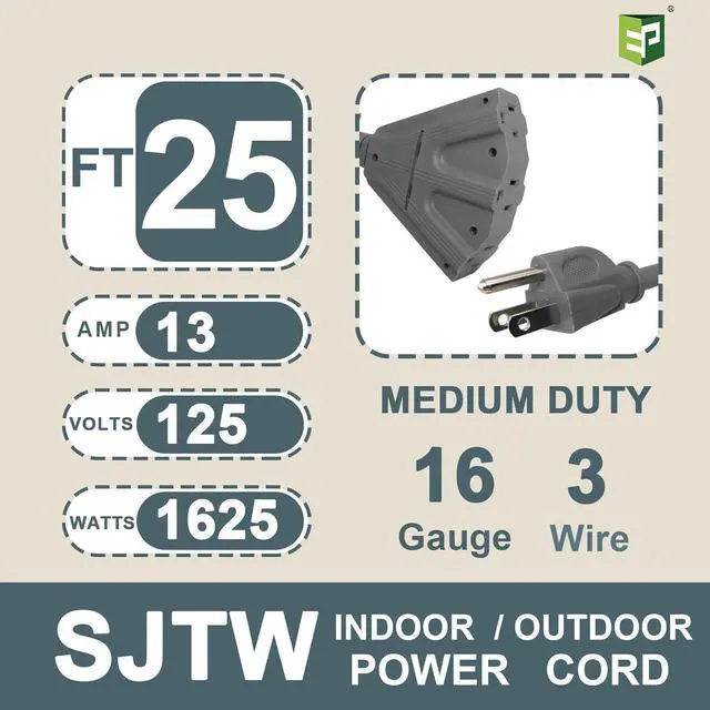 Alt view image 2 of 7 - EP 25 Ft Outdoor Extension Cord with 3 Electrical Power Outlets - 16/3 SJTW Grey Cable with 3 Prong Grounded Plug for Safety Great for Christmas Lights, Garden and Major Appliances