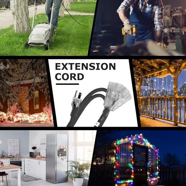 Alt view image 7 of 7 - YOJOE 3-Outlets Indoor Outdoor Extension Cord with Lighted End, 3 Prong 15A Weatherproof Power Cord, 12 Gauge Heavy Duty 40 ft Black Extension Cord Multiple Outlets, 12/3 SJTW UL Listed