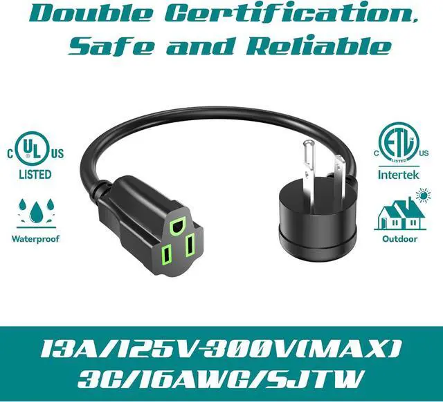 Alt view image 2 of 5 - 2 Pack Power Extension Cord 2FT/24Inch, 3 Prong Electric Extension Cable Single Outlet Saver, Heavy Duty, Waterproof, 16 AWG, 13A 125V, Outdoor and Indoor, for Home, Office, Holiday Light - Black