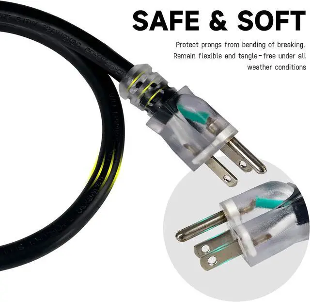 Alt view image 4 of 7 - EP 25 Ft Lighted Outdoor Extension Cord - 10/3 SJTW Heavy Duty Black Extension Cable with 3 Prong Grounded Plug for Safety, UL Listed
