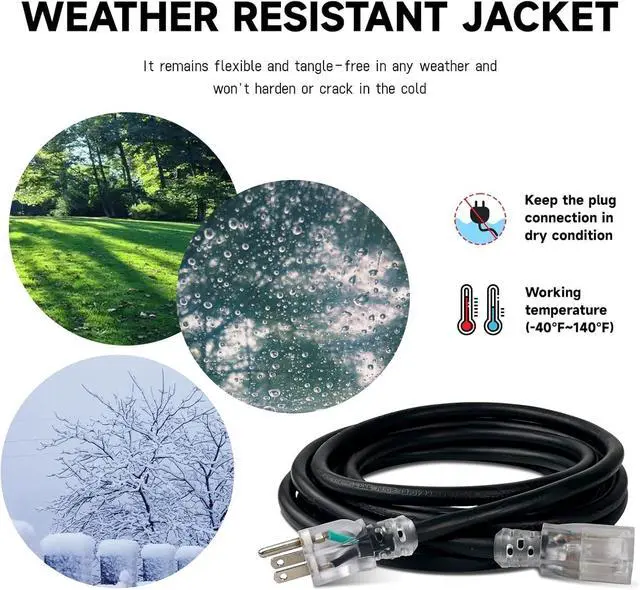 Alt view image 5 of 7 - EP 25 Ft Lighted Outdoor Extension Cord - 10/3 SJTW Heavy Duty Black Extension Cable with 3 Prong Grounded Plug for Safety, UL Listed