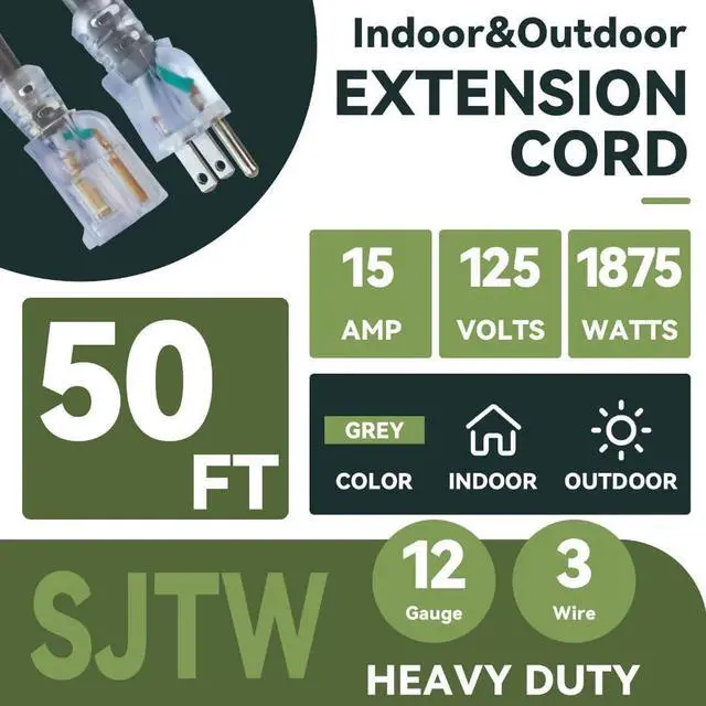 Alt view image 2 of 7 - Indoor Outdoor Extension Cord, 12 Gauge 3 Prong Weatherproof Heavy Duty Gray Extension Cord with Lighted Indicator End, SJTW 15A 50FT Extension Cable for Garage, Garden and Home, UL Listed