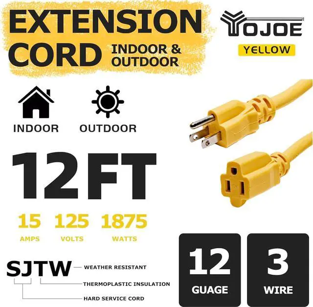 Alt view image 2 of 6 - YOJOE Indoor Outdoor Extension Cord, 3 Prong 15A Weatherproof Power Cord, 12 Gauge Heavy Duty 12 ft Yellow Extension Cord for Garage, Garden and Home, 12/3 SJTW UL Listed
