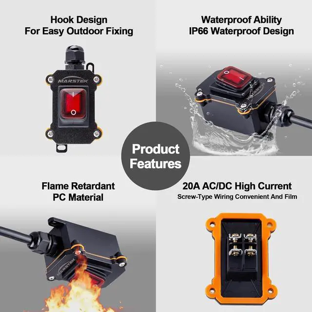 Alt view image 3 of 6 - Heavy Duty Waterproof Extension Cord with On/Off Switch,Inline Cord Switch with 3-ft 16AWG Cable Piggyback Plug(3-Pronged),AC/DC 20A-125V,16A-250V (Red)