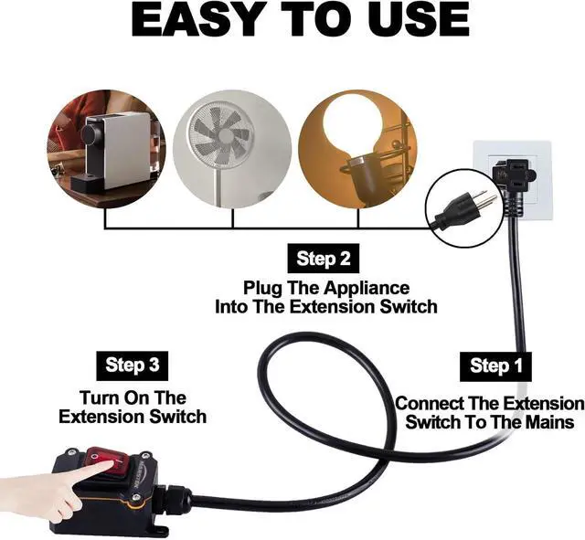 Alt view image 5 of 6 - Heavy Duty Waterproof Extension Cord with On/Off Switch,Inline Cord Switch with 3-ft 16AWG Cable Piggyback Plug(3-Pronged),AC/DC 20A-125V,16A-250V (Red)