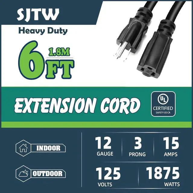 Alt view image 2 of 6 - Extension Cord Outdoor & Indoor 6 ft Black Heavy Duty Extension Cords,12 Gauge 3 Prong SJTW 15AMP 1875W UL Listed Electric Cord, Waterproof Short Power Cable for Multiple Devices & Scenes
