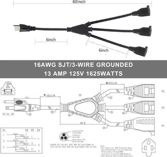 Alt view image 3 of 7 - KUNCAN 3-Outlet Splitter Extension Cord - 3 Prong 1 to 3 Way Power Splitter Extension Cable, 1FT 16AWG 13A/1625W, NEMA 5-15P to 3*NEMA 5-15R Y Style Extension Cord (Black 2-Pack)
