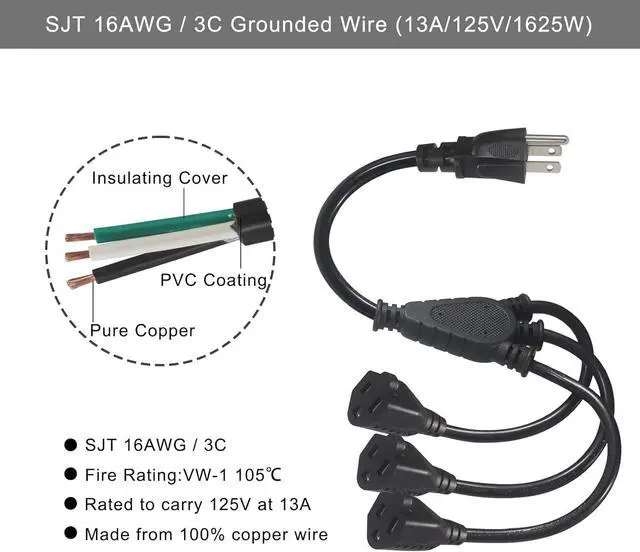 Alt view image 2 of 7 - KUNCAN 3-Outlet Splitter Extension Cord - 3 Prong 1 to 3 Way Power Splitter Extension Cable, 1FT 16AWG 13A/1625W, NEMA 5-15P to 3*NEMA 5-15R Y Style Extension Cord (Black 2-Pack)