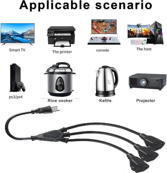 Alt view image 5 of 7 - KUNCAN 3-Outlet Splitter Extension Cord - 3 Prong 1 to 3 Way Power Splitter Extension Cable, 1FT 16AWG 13A/1625W, NEMA 5-15P to 3*NEMA 5-15R Y Style Extension Cord (Black 2-Pack)