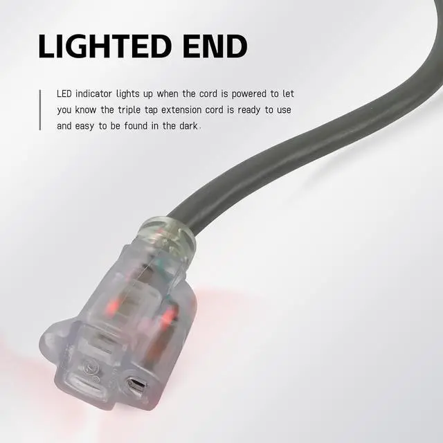 Alt view image 3 of 7 - EP 8 Ft Lighted Outdoor Extension Cord - 12/3 SJTW Heavy Duty Grey Extension Cable with 3 Prong Grounded Plug - Power Cord for Lawn, Garden, Appliances