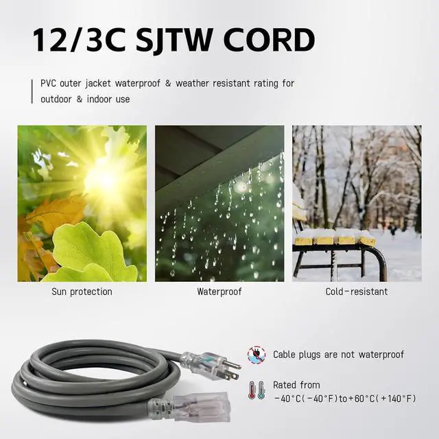 Alt view image 6 of 7 - EP 8 Ft Lighted Outdoor Extension Cord - 12/3 SJTW Heavy Duty Grey Extension Cable with 3 Prong Grounded Plug - Power Cord for Lawn, Garden, Appliances