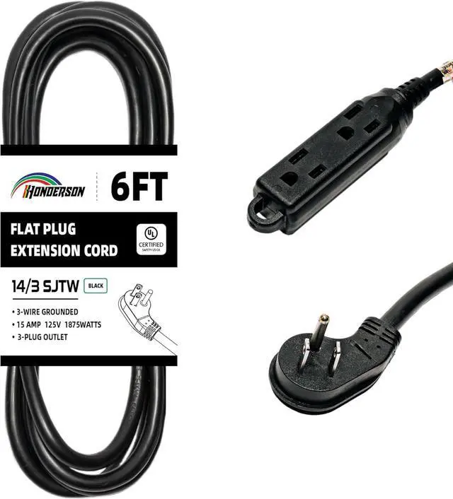 Main image of 3-Outlets Flat Plug Indoor Extension Cord Outlet Extender, UL Listed, 14 Gauge 6FT Black 3 Prong Heavy Duty, 14/3 SJTW 15A Power Strip
