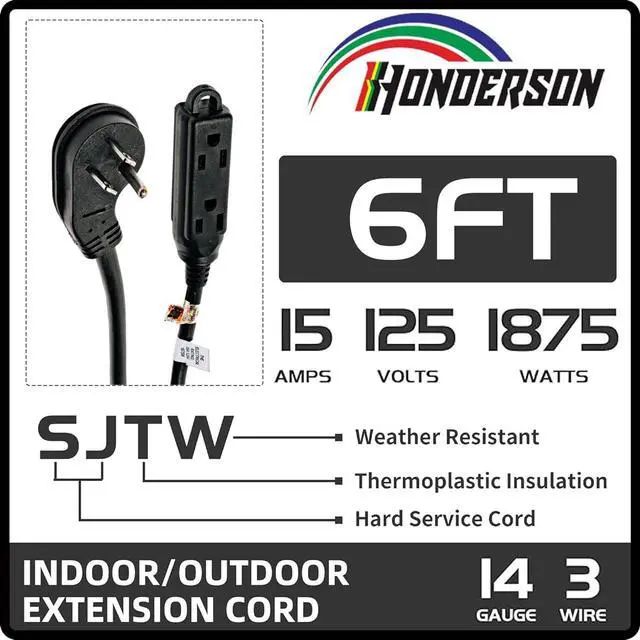 Alt view image 2 of 7 - 3-Outlets Flat Plug Indoor Extension Cord Outlet Extender, UL Listed, 14 Gauge 6FT Black 3 Prong Heavy Duty, 14/3 SJTW 15A Power Strip