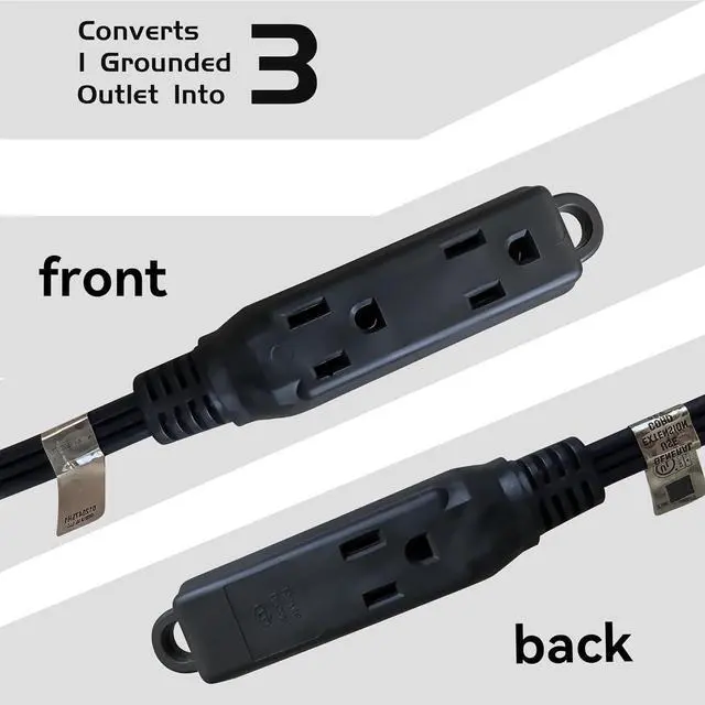 Alt view image 4 of 7 - 3-Outlets Flat Plug Indoor Extension Cord Outlet Extender, UL Listed, 14 Gauge 6FT Black 3 Prong Heavy Duty, 14/3 SJTW 15A Power Strip
