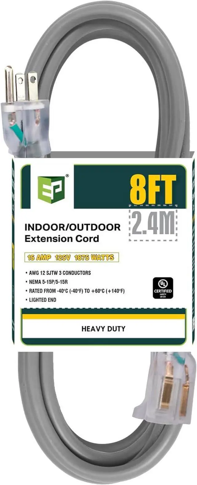 Main image of EP 8 Ft Lighted Outdoor Extension Cord - 12/3 SJTW Heavy Duty Grey Extension Cable with 3 Prong Grounded Plug - Power Cord for Lawn, Garden, Appliances