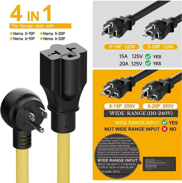 Alt view image 4 of 7 - Indoor/Outdoor Angled Four-in-One Heavy Duty Power Extension Cord SJTW 12-AWG 15A Household Plug to 20A T Blade Cable L=6FT, Angled 3-Prong Extension Cord