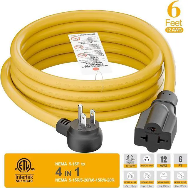 Alt view image 6 of 7 - Indoor/Outdoor Angled Four-in-One Heavy Duty Power Extension Cord SJTW 12-AWG 15A Household Plug to 20A T Blade Cable L=6FT, Angled 3-Prong Extension Cord