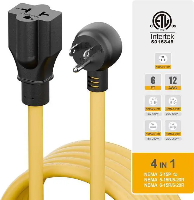 Alt view image 7 of 7 - Indoor/Outdoor Angled Four-in-One Heavy Duty Power Extension Cord SJTW 12-AWG 15A Household Plug to 20A T Blade Cable L=6FT, Angled 3-Prong Extension Cord