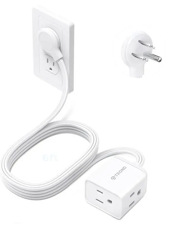 Main image of TROND Flat Extension Cord 6 Feet - Right Angled Flat Plug Power Strip, 3 Grounded Plug Extension Outlets, Three Prong, SPT 16/3 Gauge Wire, 13A, Small for Indoor Home Office Cruise Ship Travel, White