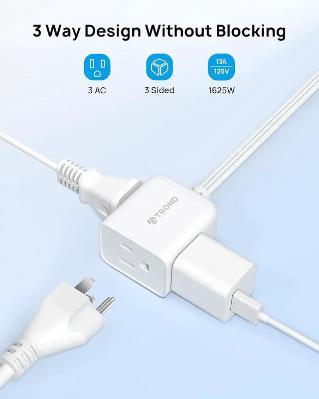 Alt view image 2 of 6 - TROND Flat Extension Cord 6 Feet - Right Angled Flat Plug Power Strip, 3 Grounded Plug Extension Outlets, Three Prong, SPT 16/3 Gauge Wire, 13A, Small for Indoor Home Office Cruise Ship Travel, White