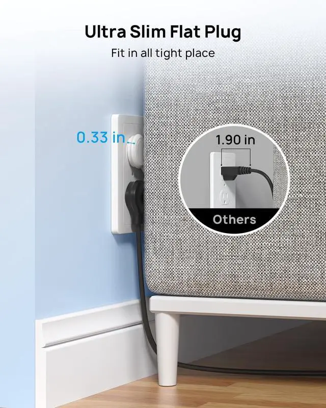 Alt view image 3 of 6 - TROND Flat Extension Cord 6 Feet - Right Angled Flat Plug Power Strip, 3 Grounded Plug Extension Outlets, Three Prong, SPT 16/3 Gauge Wire, 13A, Small for Indoor Home Office Cruise Ship Travel, White