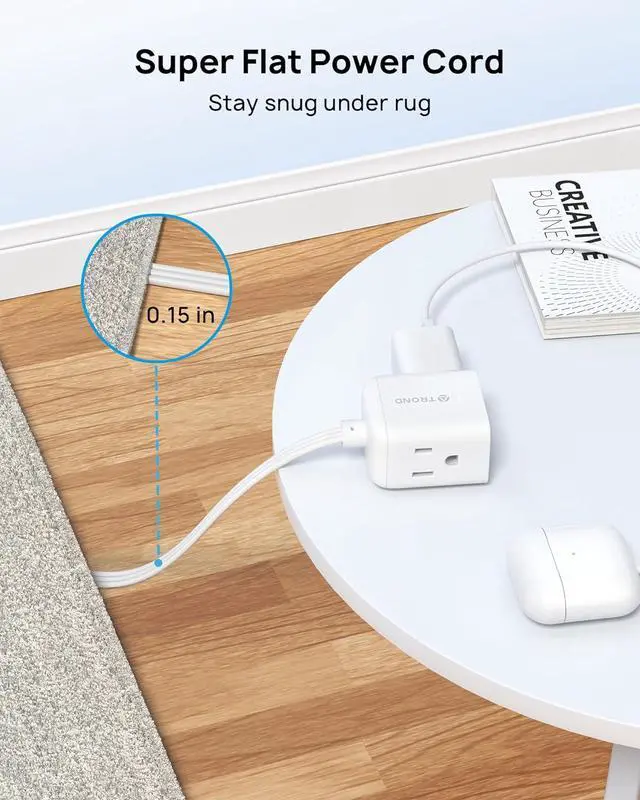 Alt view image 4 of 6 - TROND Flat Extension Cord 6 Feet - Right Angled Flat Plug Power Strip, 3 Grounded Plug Extension Outlets, Three Prong, SPT 16/3 Gauge Wire, 13A, Small for Indoor Home Office Cruise Ship Travel, White