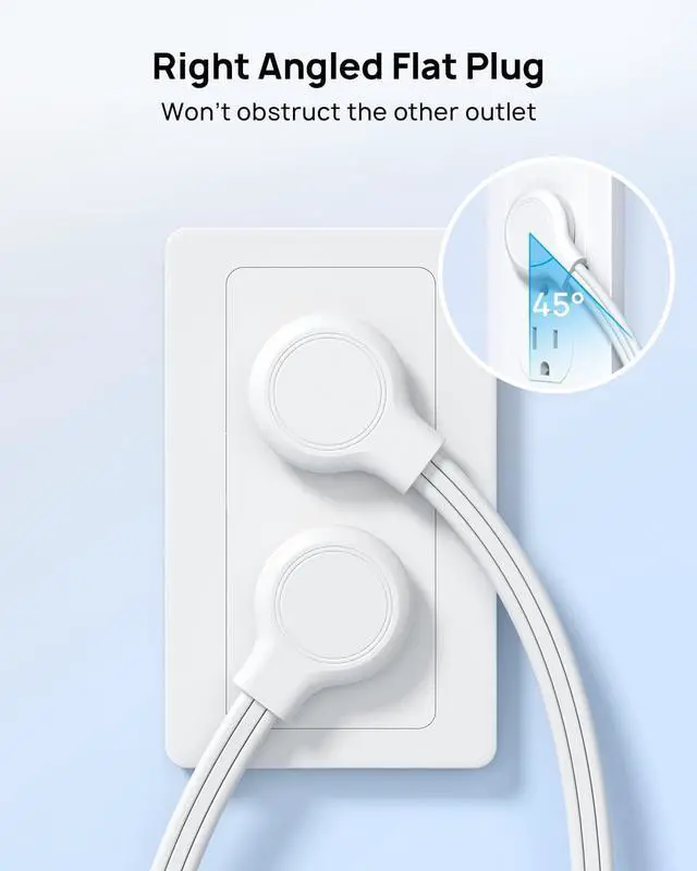 Alt view image 5 of 6 - TROND Flat Extension Cord 6 Feet - Right Angled Flat Plug Power Strip, 3 Grounded Plug Extension Outlets, Three Prong, SPT 16/3 Gauge Wire, 13A, Small for Indoor Home Office Cruise Ship Travel, White