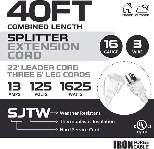 Alt view image 2 of 7 - Iron Forge Cable White 1 to 3 Outdoor Extension Cord Splitter 28 Ft (40 Ft Total Length) - 16 Gauge Power Cord, 3 Prong, 3 Outlets 16/3 SJTW