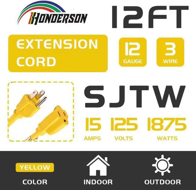 Main image of Indoor Outdoor Extension Cord Weatherproof, UL Listed, 12 Gauge 12FT Yellow 3 Prong Heavy Duty, 12/3 SJTW 15A Power Cord for Outdoor Lights, Appliances, Lawn