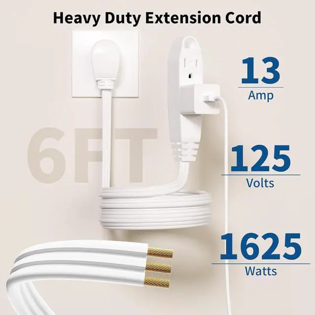 Alt view image 3 of 7 - K KASONIC - 6 Feet 3 Outlet Extension Cord 2 Pack - Triple Wire Grounded Multi Outlet, UL Listed 16/3 SPT-3, 13 Amp - 125V - 1625 Watts (White)