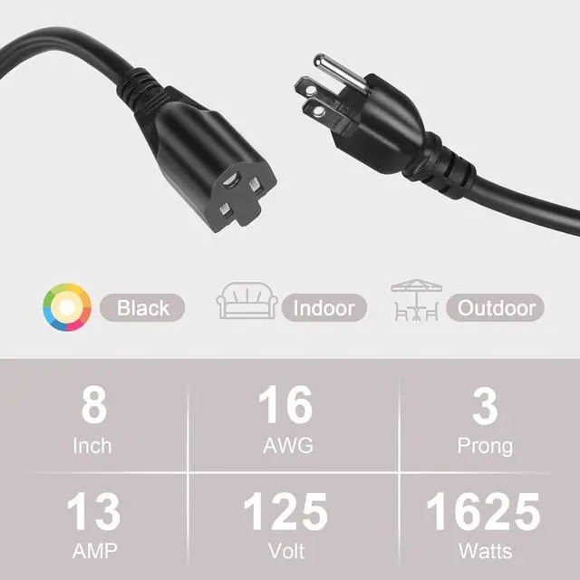 Alt view image 6 of 7 - KUNLUN 5 Pack Short Extension Cord, 3 Prong 8-Inch Small Extension Cord Outlet Saver 16AWG/13A for Indoor Outdoor Use, NEMA 5-15P to NEMA 5-15R Power Extension Cable