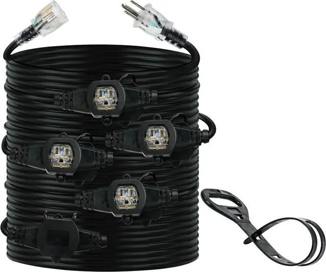 Main image of 30FT 14 Gauge Multi Outlet Extension Cord, 5 Evenly Spaced Weatherproof Outlets, LED Indicator Light,Great for Stage Backdrops, Landscape Garden LightingChristmas Decorations ETL