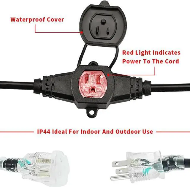 Alt view image 3 of 7 - 30FT 14 Gauge Multi Outlet Extension Cord, 5 Evenly Spaced Weatherproof Outlets, LED Indicator Light,Great for Stage Backdrops, Landscape Garden LightingChristmas Decorations ETL