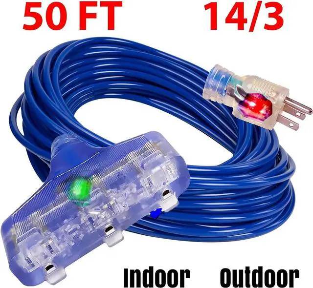 Alt view image 5 of 7 - 50 ft Extension Cord  14 Gauge (14/3), Heavy Duty, 15 Amp, 125V, 1875W  Indoor/Outdoor Use, Grounded Power Cord with Triple Outlet, 14 AWG, Weather-Resistant