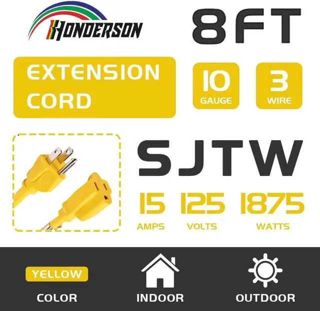 Main image of Indoor/Outdoor Extension Cord, 10 Gauge 8FT Yellow, 3 Prong Heavy Duty, Weatherproof, UL Listed, 15A Power Cord for Outdoor Lights, Appliances, Lawn