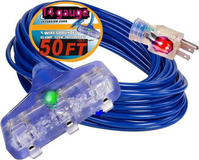 Main image of 50 ft Extension Cord  14 Gauge (14/3), Heavy Duty, 15 Amp, 125V, 1875W  Indoor/Outdoor Use, Grounded Power Cord with Triple Outlet, 14 AWG, Weather-Resistant