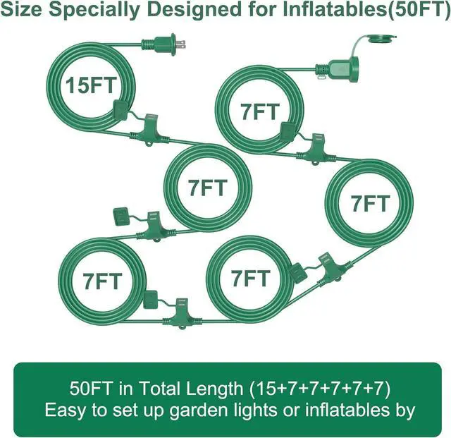 Alt view image 3 of 6 - 50FT Long Green Extension Cord 3 Outlets for Christmas Inflatables Blow Ups Yard Outdoor Outside Decorations Extension Cords with Multiple Outlets Plugs Cover Splitter Waterproof for Christmas Lights