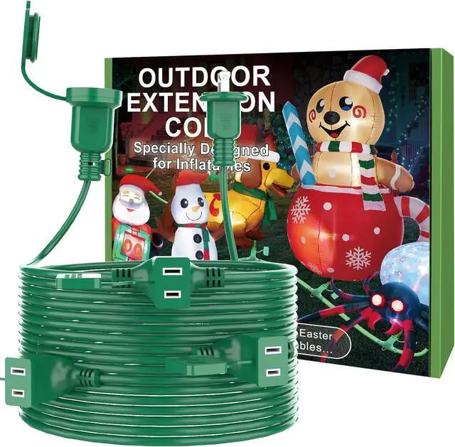 Main image of 50FT Long Green Extension Cord 3 Outlets for Christmas Inflatables Blow Ups Yard Outdoor Outside Decorations Extension Cords with Multiple Outlets Plugs Cover Splitter Waterproof for Christmas Lights