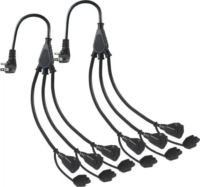 Main image of KUNCAN Outdoor 3-Outlet Power Splitter, 90-Degree Flat Plug 1 to 3 Way Outlet Adapter 1.5FT SJTW 16AWG 3-Prong Power Cord Extension Strip with Outlet Cover for Holiday Decoration String Light(2-Pack)