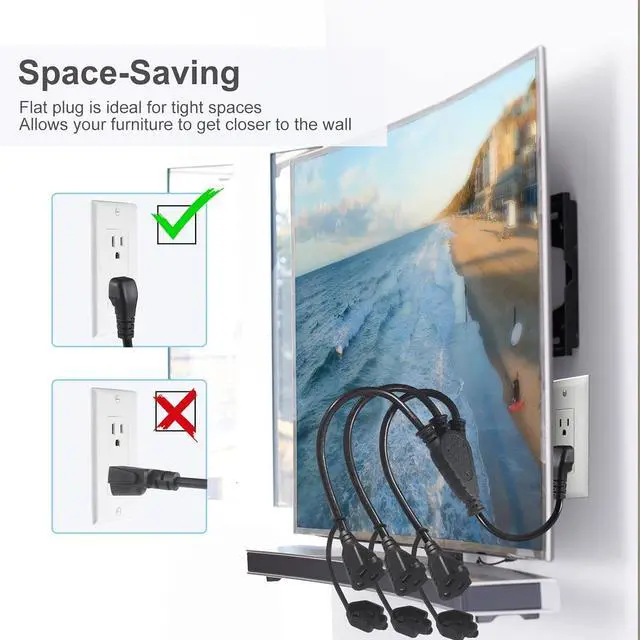 Alt view image 6 of 7 - KUNCAN Outdoor 3-Outlet Power Splitter, 90-Degree Flat Plug 1 to 3 Way Outlet Adapter 1.5FT SJTW 16AWG 3-Prong Power Cord Extension Strip with Outlet Cover for Holiday Decoration String Light(2-Pack)