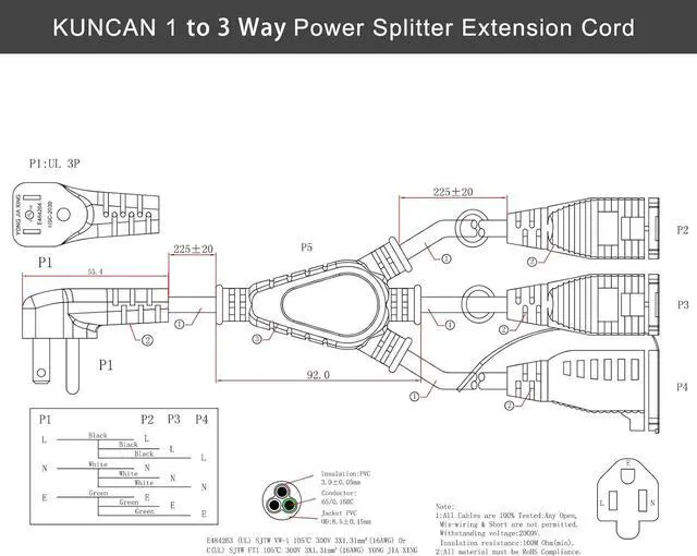 Alt view image 7 of 7 - KUNCAN Outdoor 3-Outlet Power Splitter, 90-Degree Flat Plug 1 to 3 Way Outlet Adapter 1.5FT SJTW 16AWG 3-Prong Power Cord Extension Strip with Outlet Cover for Holiday Decoration String Light(2-Pack)
