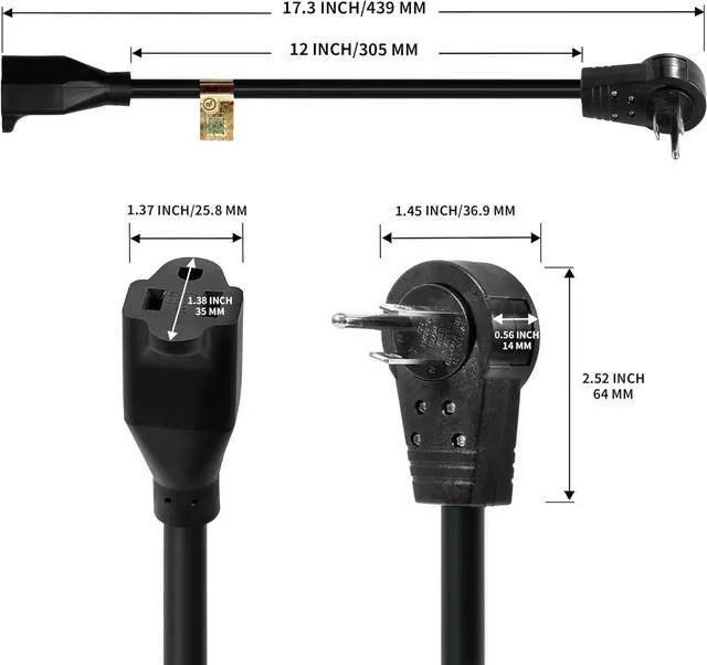 Alt view image 2 of 7 - Nekteck 360° Rotating Flat Plug Extension Cord 1 Foot, 14AWG 3 Prong Extension Cord, Low Profile Right Angle Power Cord, Flat Extension Cord Grounded Wire, 15A- UL Certified, Black