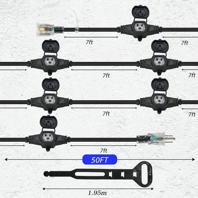 Alt view image 2 of 7 - 50FT 14 Gauge Heavy Duty Multi-Outlet Outdoor Extension Cord, 7 Evenly Spaced Weatherproof Outlets, LED Indicator Light,Great for Stage Backdrops, Landscape Garden Lighting, Holiday Decoration ETL