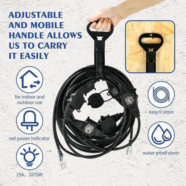 Alt view image 4 of 7 - 50FT 14 Gauge Heavy Duty Multi-Outlet Outdoor Extension Cord, 7 Evenly Spaced Weatherproof Outlets, LED Indicator Light,Great for Stage Backdrops, Landscape Garden Lighting, Holiday Decoration ETL