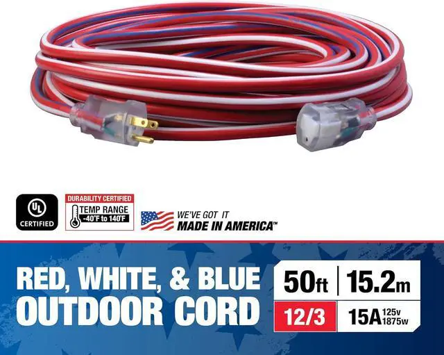 Alt view image 3 of 7 - Southwire Heavy Duty Extension Cord - All-Purpose Contractor Grade with Lighted Plug & Patriotic Colors - SJTW Extension - 12 Gauge - 50 Foot - Red, White & Blue