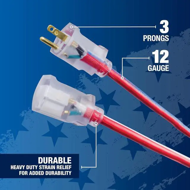 Alt view image 4 of 7 - Southwire Heavy Duty Extension Cord - All-Purpose Contractor Grade with Lighted Plug & Patriotic Colors - SJTW Extension - 12 Gauge - 50 Foot - Red, White & Blue